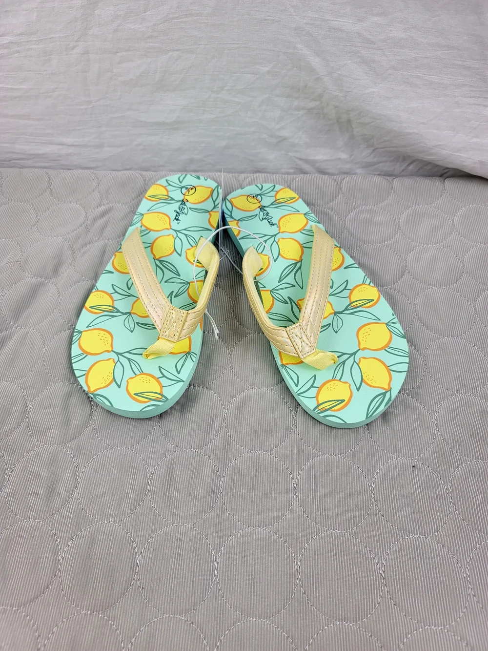 NWT Cat & Jack Girls Mint Green Lemon Print Flip Flops Sandals Glitter Size 4/5L